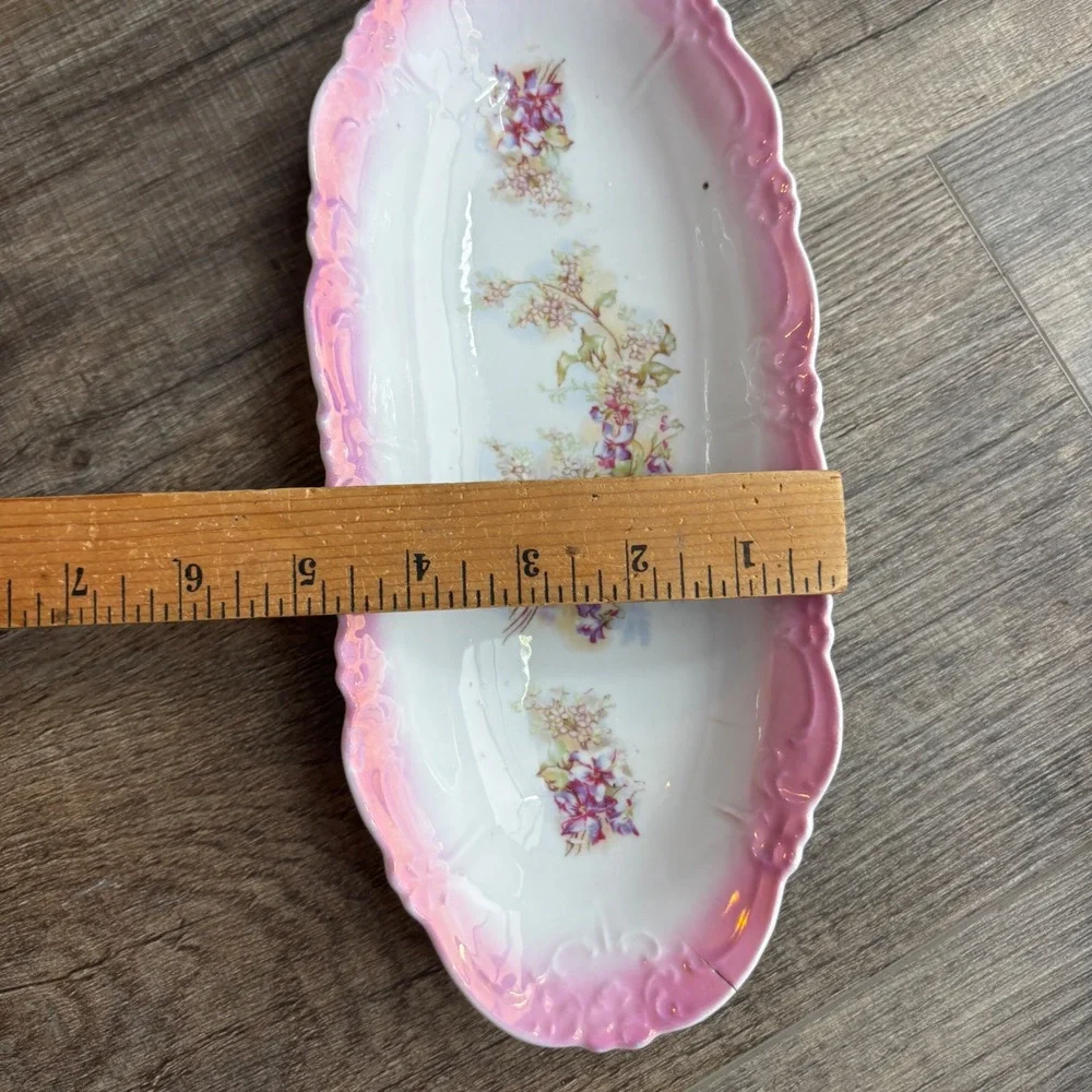 Vintage Pink Lusterware Floral Porcelain Plate‎ and Oval Platter Set 2pc, Spring